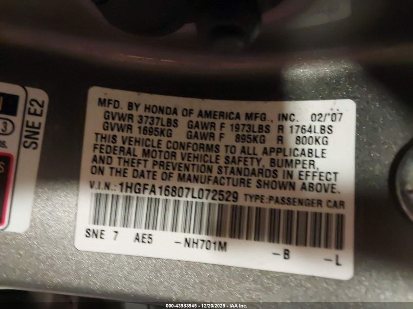 2007 Honda Civic Ex VIN: 1HGFA16807L072529 Lot: 43983945