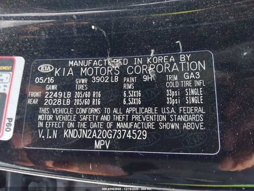 2016 Kia Soul VIN: KNDJN2A20G7374529 Lot: 43983948