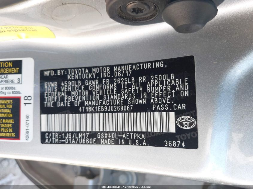 2018 Toyota Avalon Limited VIN: 4T1BK1EB9JU268067 Lot: 43983949