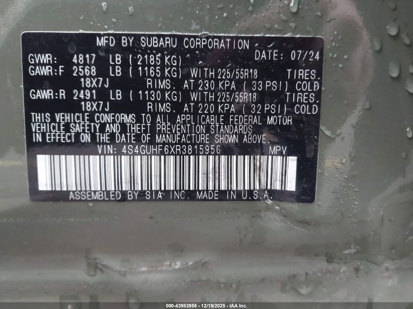 2024 Subaru Crosstrek Sport VIN: 4S4GUHF6XR3815956 Lot: 43983956