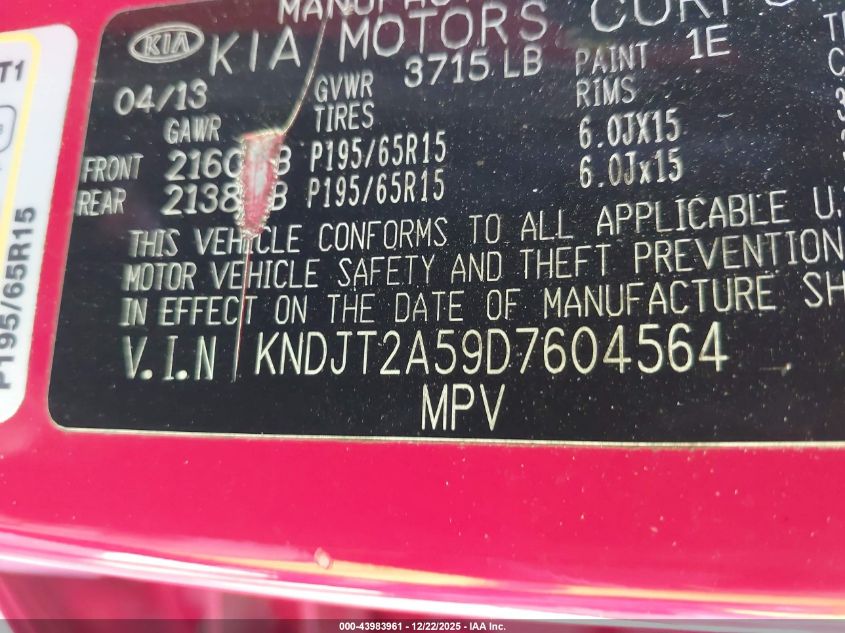 2013 Kia Soul VIN: KNDJT2A59D7604564 Lot: 43983961