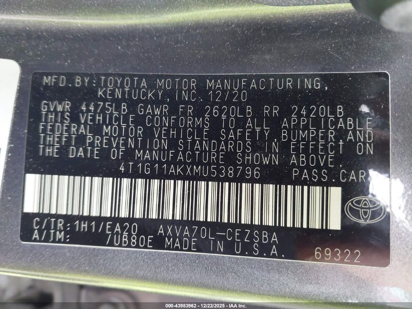 2021 Toyota Camry Se VIN: 4T1G11AKXMU538796 Lot: 43983962