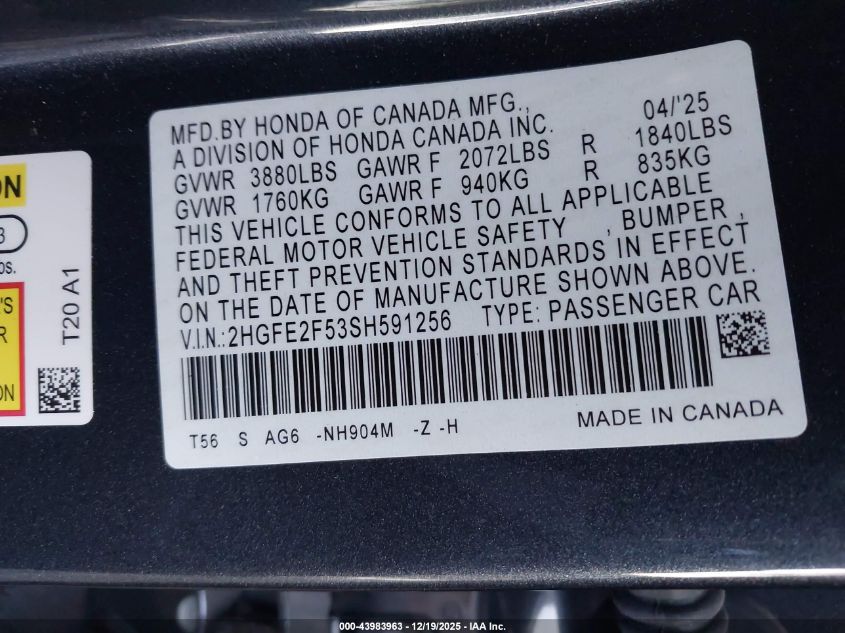 2025 Honda Civic Sport VIN: 2HGFE2F53SH591256 Lot: 43983963