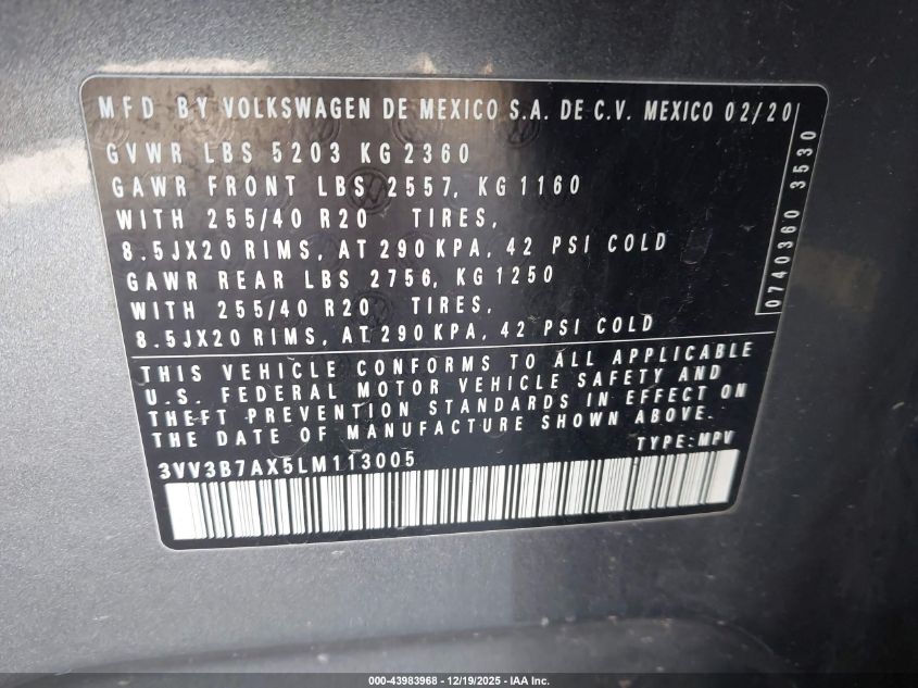 2020 Volkswagen Tiguan 2.0T Se/2.0T Se R-Line Black/2.0T Sel VIN: 3VV3B7AX5LM113005 Lot: 43983968