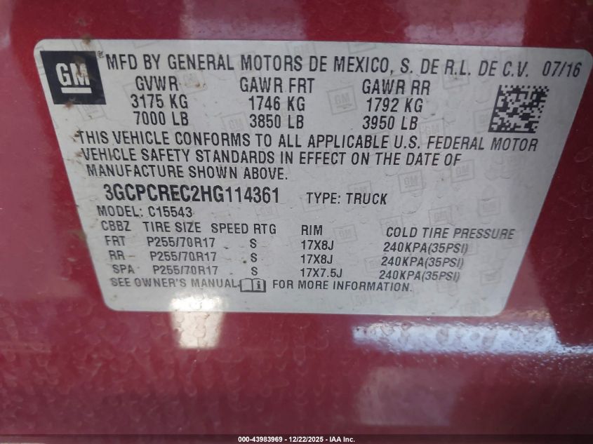 2017 Chevrolet Silverado 1500 1Lt VIN: 3GCPCREC2HG114361 Lot: 43983969