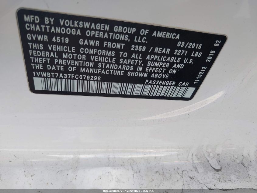 2015 Volkswagen Passat 1.8T Se VIN: 1VWBT7A37FC079298 Lot: 43983972