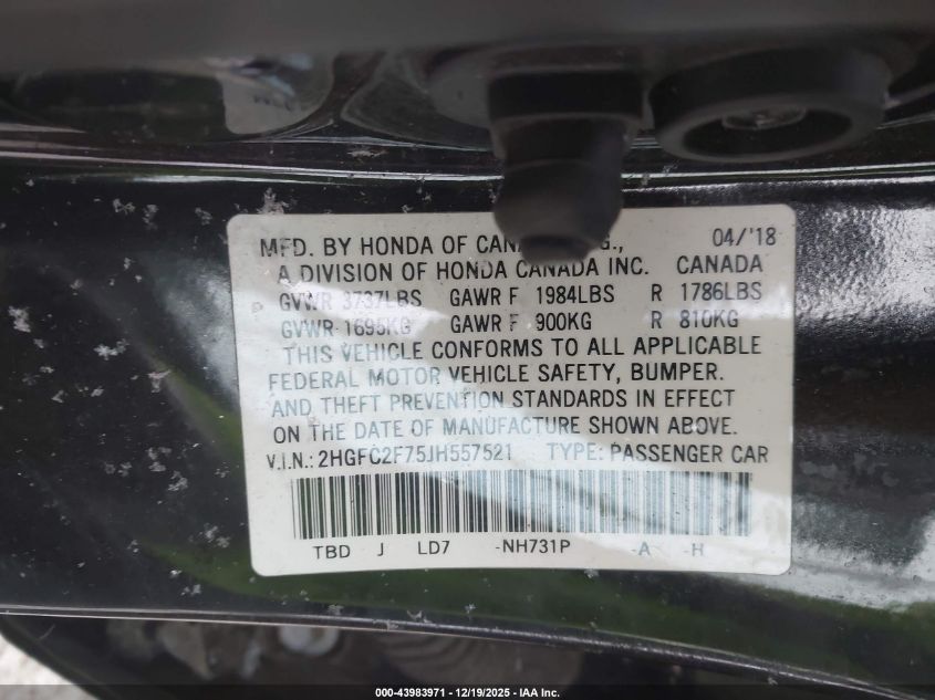 2018 Honda Civic Ex VIN: 2HGFC2F75JH557521 Lot: 43983971