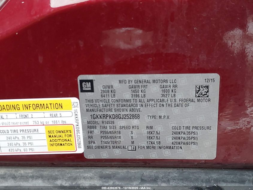 2016 GMC Acadia Sle-2 VIN: 1GKKRPKD8GJ252868 Lot: 43983976