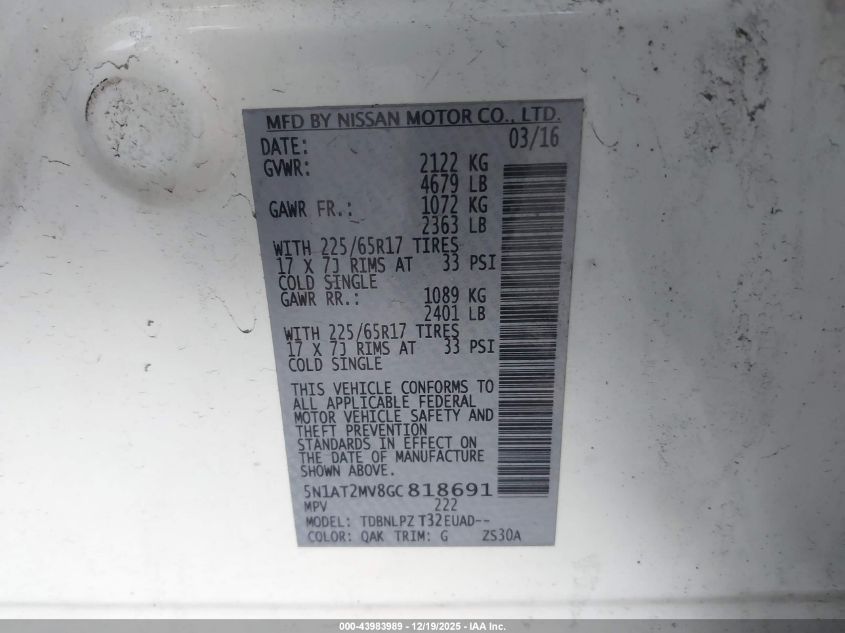 2016 Nissan Rogue S/Sl/Sv VIN: 5N1AT2MV8GC818691 Lot: 43983989