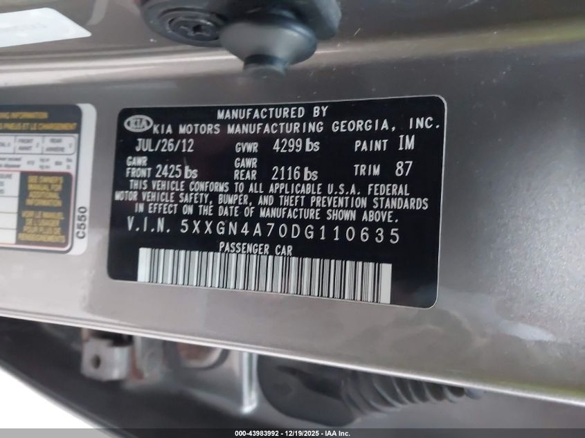 2013 Kia Optima Ex VIN: 5XXGN4A70DG110635 Lot: 43983992