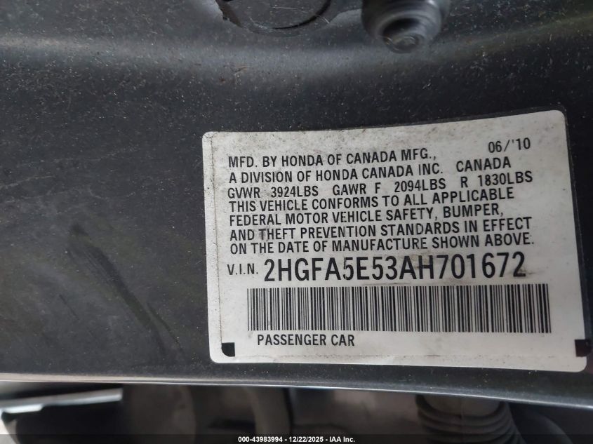 2010 Honda Civic Si VIN: 2HGFA5E53AH701672 Lot: 43983994