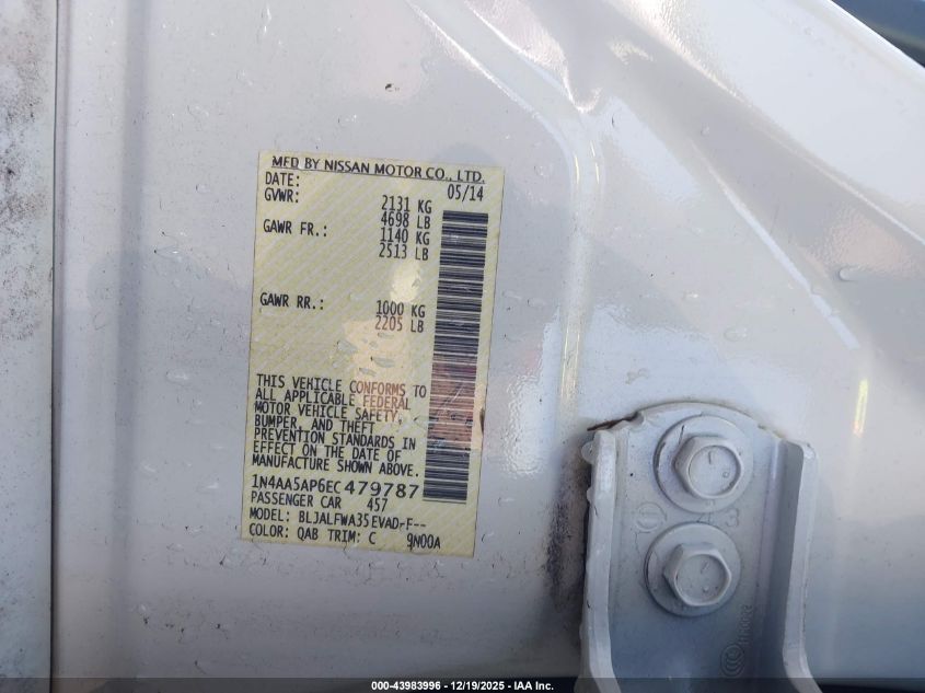 2014 Nissan Maxima 3.5 S/3.5 Sv VIN: 1N4AA5AP6EC479787 Lot: 43983996