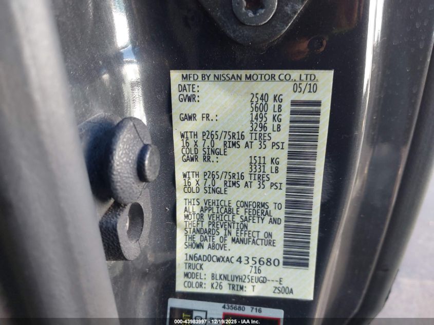 2010 Nissan Frontier Pro-4X VIN: 1N6AD0CWXAC435680 Lot: 43983997