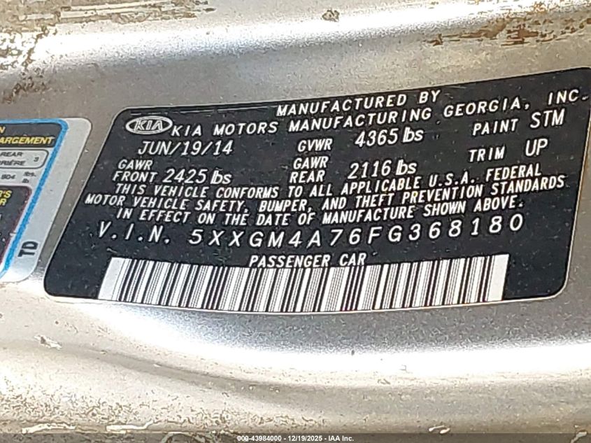 2015 Kia Optima Lx VIN: 5XXGM4A76FG368180 Lot: 43984000