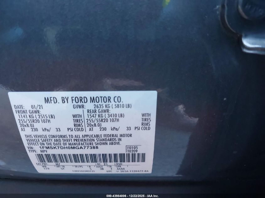 2021 Ford Explorer Xlt VIN: 1FMSK7DH0MGA77388 Lot: 43984006