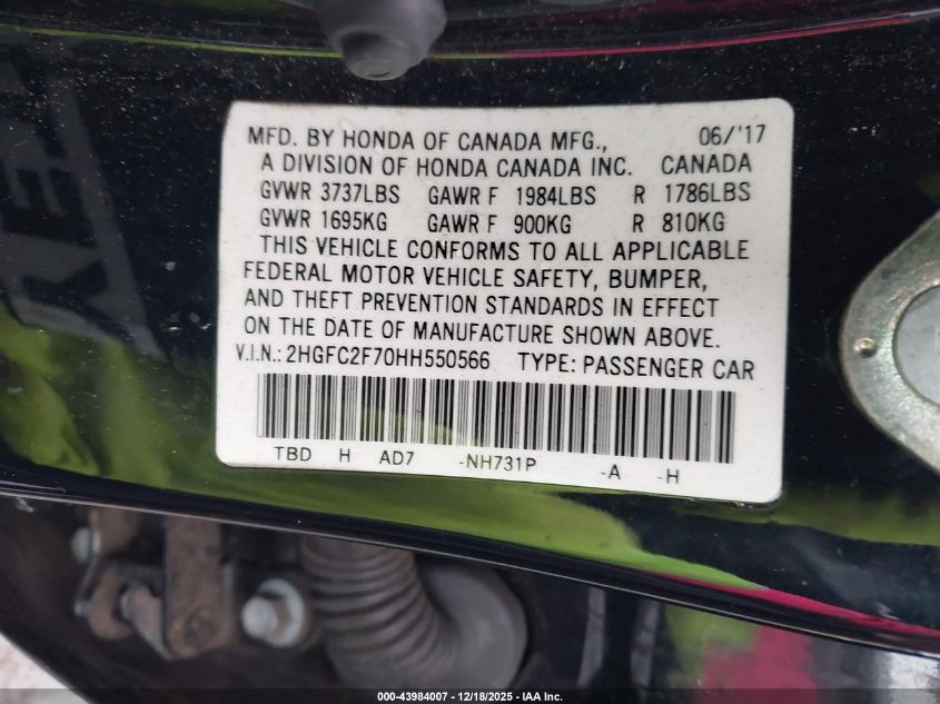2017 Honda Civic Ex VIN: 2HGFC2F70HH550566 Lot: 43984007