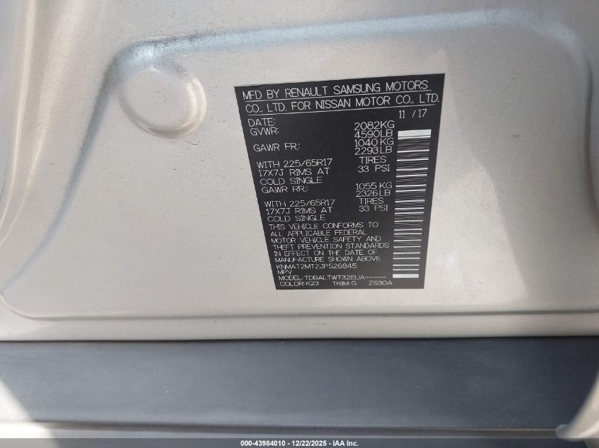 2018 Nissan Rogue Sv VIN: KNMAT2MT2JP526845 Lot: 43984010