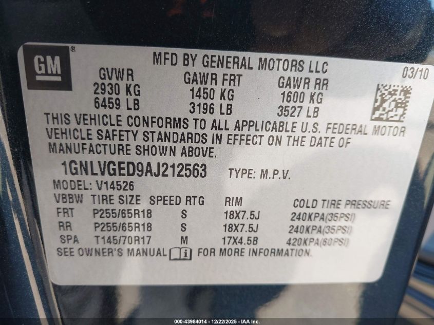 2010 Chevrolet Traverse Lt VIN: 1GNLVGED9AJ212563 Lot: 43984014