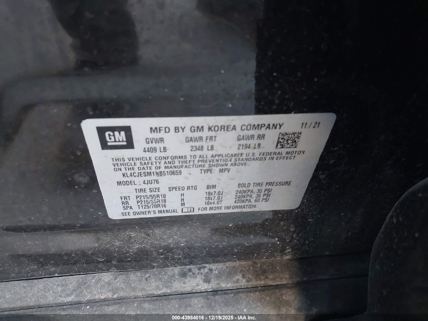 2022 Buick Encore Awd Preferred VIN: KL4CJESM1NB510659 Lot: 43984016