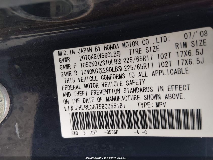 2008 Honda Cr-V Ex-L VIN: JHLRE38758C055181 Lot: 43984017