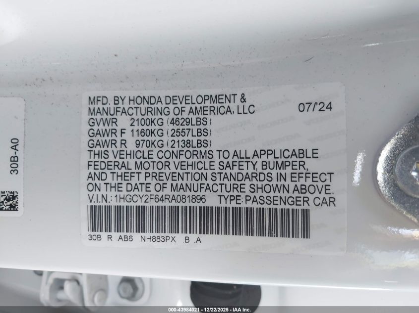 2024 Honda Accord Hybrid Ex-L VIN: 1HGCY2F64RA081896 Lot: 43984021