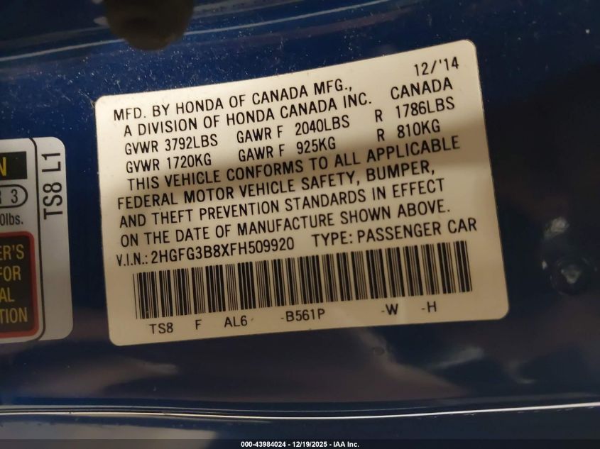 2015 Honda Civic Ex VIN: 2HGFG3B8XFH509920 Lot: 43984024