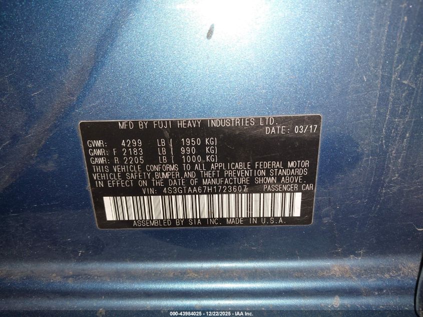 2017 Subaru Impreza 2.0I VIN: 4S3GTAA67H1723607 Lot: 43984025