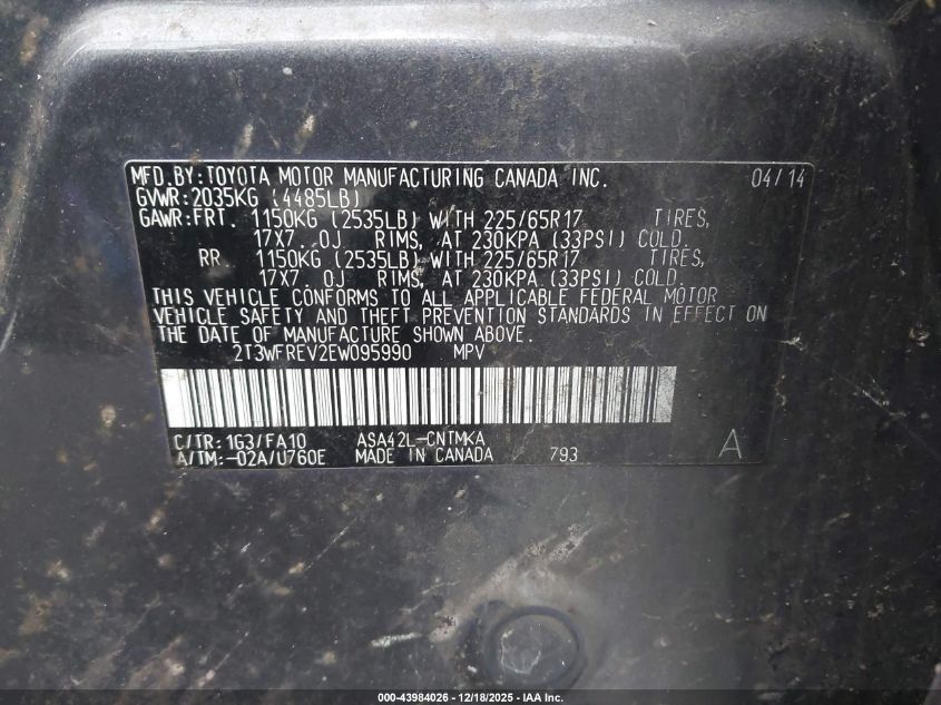 2014 Toyota Rav4 Xle VIN: 2T3WFREV2EW095990 Lot: 43984026