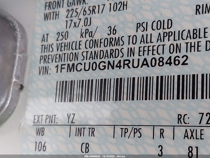 2024 Ford Escape Active VIN: 1FMCU0GN4RUA08462 Lot: 43984028