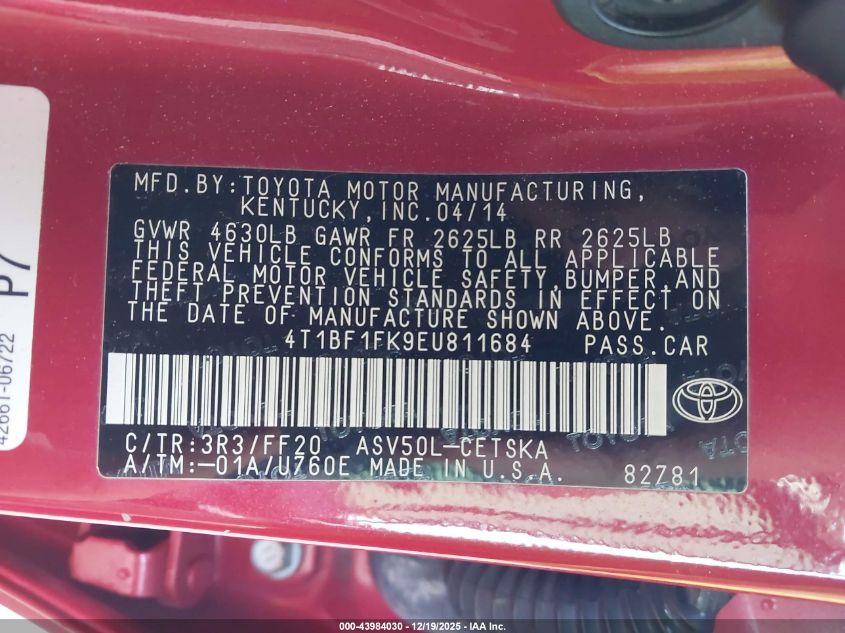 2014 Toyota Camry Se VIN: 4T1BF1FK9EU811684 Lot: 43984030