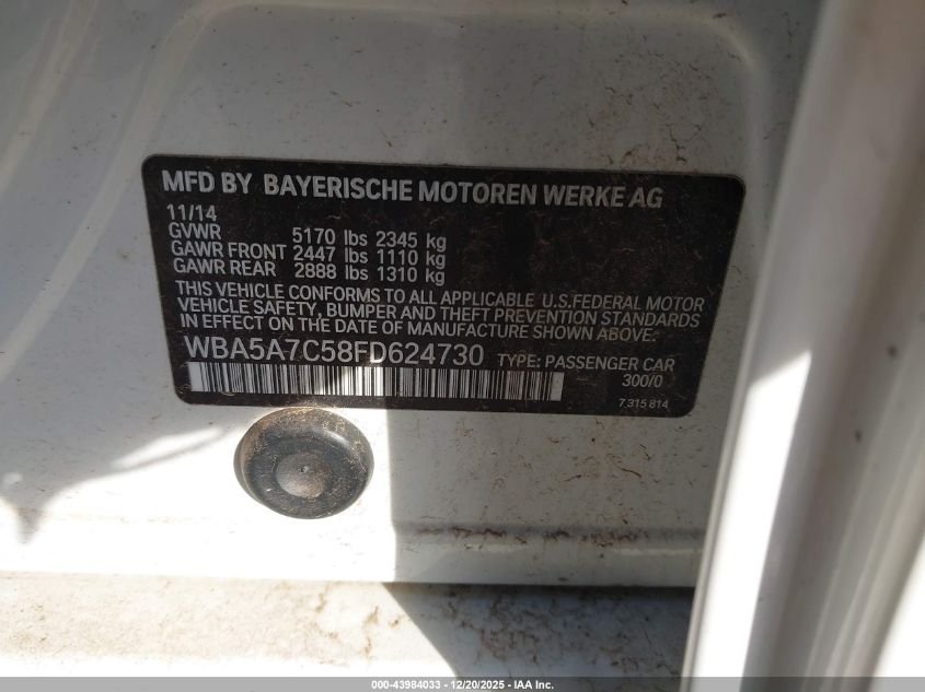 2015 BMW 528I xDrive VIN: WBA5A7C58FD624730 Lot: 43984033