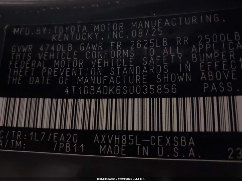 2025 Toyota Camry Se VIN: 4T1DBADK6SU035856 Lot: 43984035