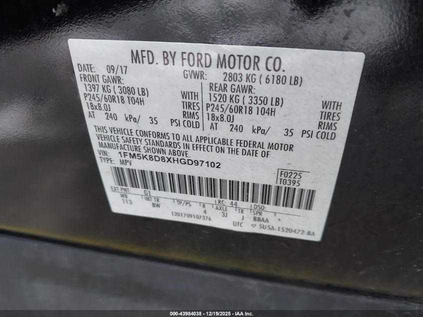 2017 Ford Explorer Xlt VIN: 1FM5K8D8XHGD97102 Lot: 43984038