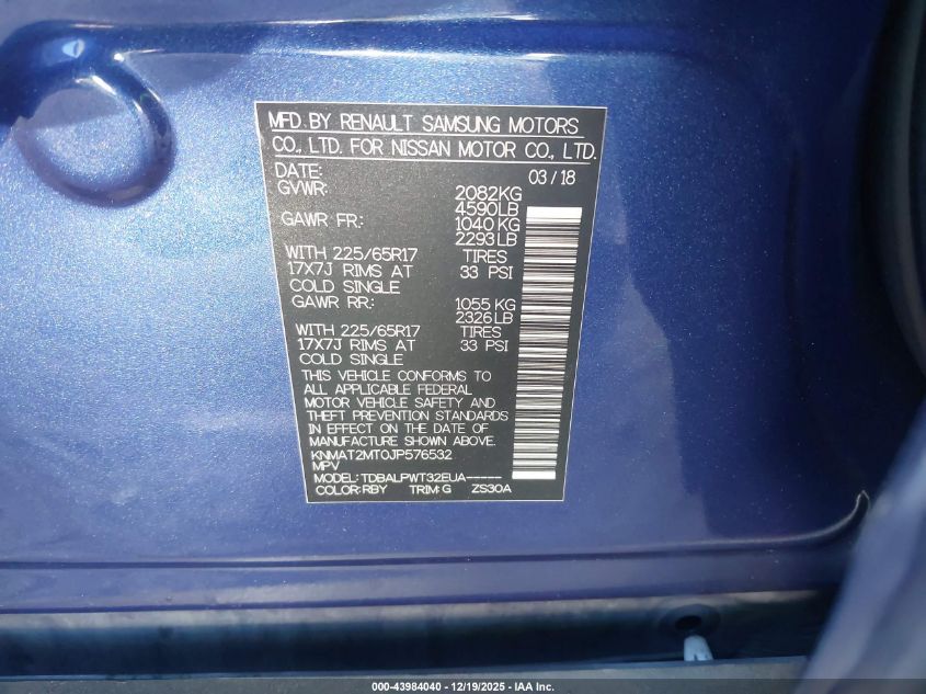 2018 Nissan Rogue S VIN: KNMAT2MT0JP576532 Lot: 43984040