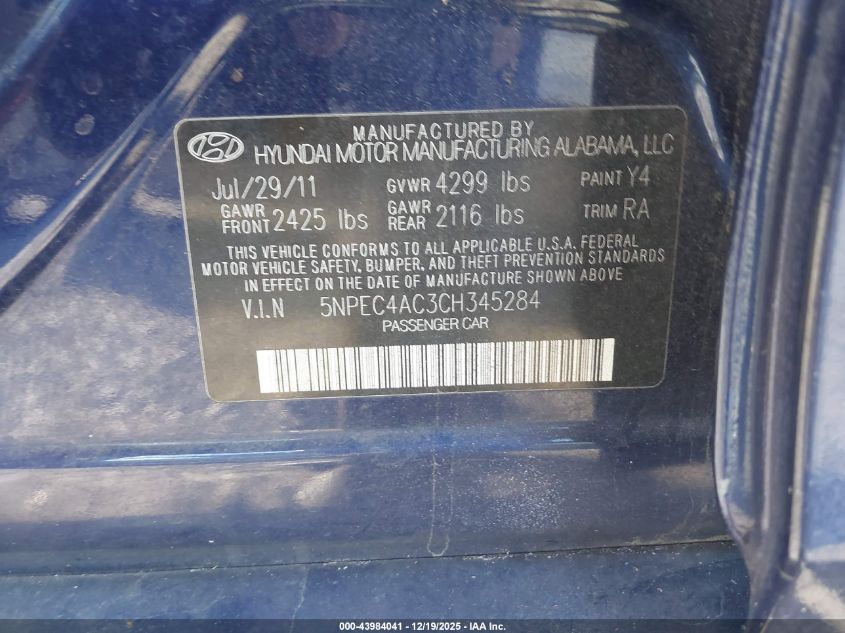 2012 Hyundai Sonata Limited VIN: 5NPEC4AC3CH345284 Lot: 43984041