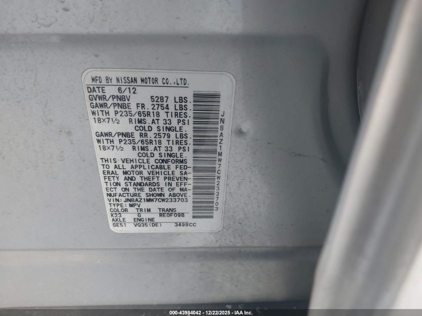 2012 Nissan Murano Sl VIN: JN8AZ1MW7CW233703 Lot: 43984042