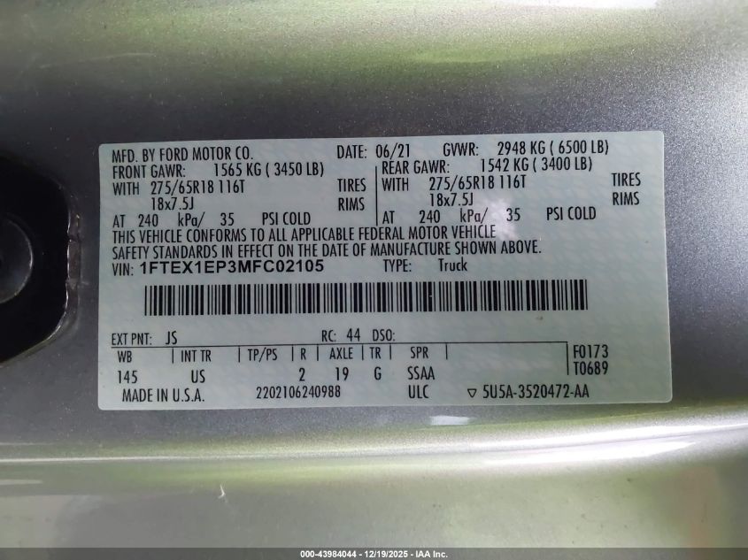 2021 Ford F-150 Xlt VIN: 1FTEX1EP3MFC02105 Lot: 43984044