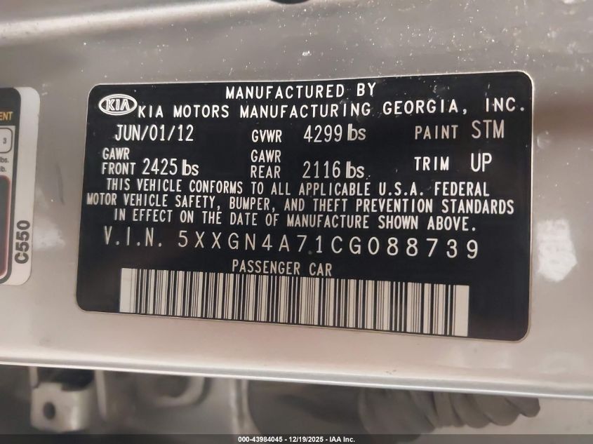 2012 Kia Optima Ex VIN: 5XXGN4A71CG088739 Lot: 43984045