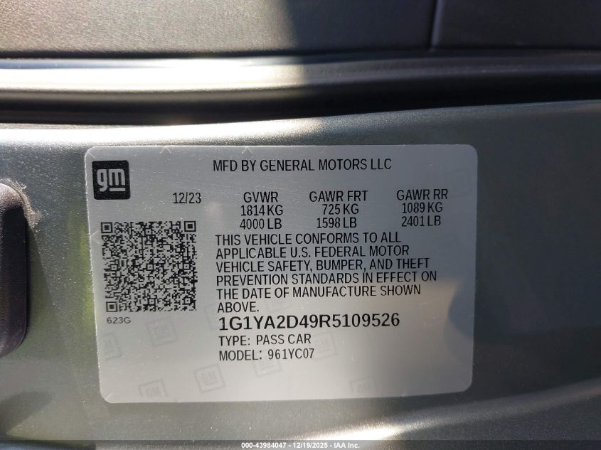 2024 Chevrolet Corvette Stingray Rwd 1Lt VIN: 1G1YA2D49R5109526 Lot: 43984047