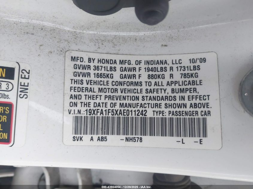 2010 Honda Civic Lx VIN: 19XFA1F5XAE011242 Lot: 43984054