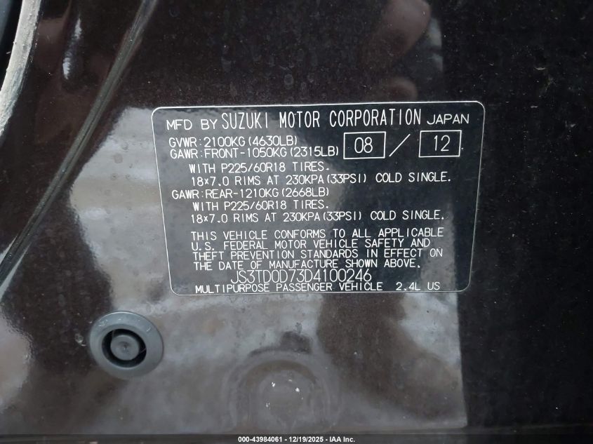 2013 Suzuki Grand Vitara Limited VIN: JS3TD0D73D4100246 Lot: 43984061