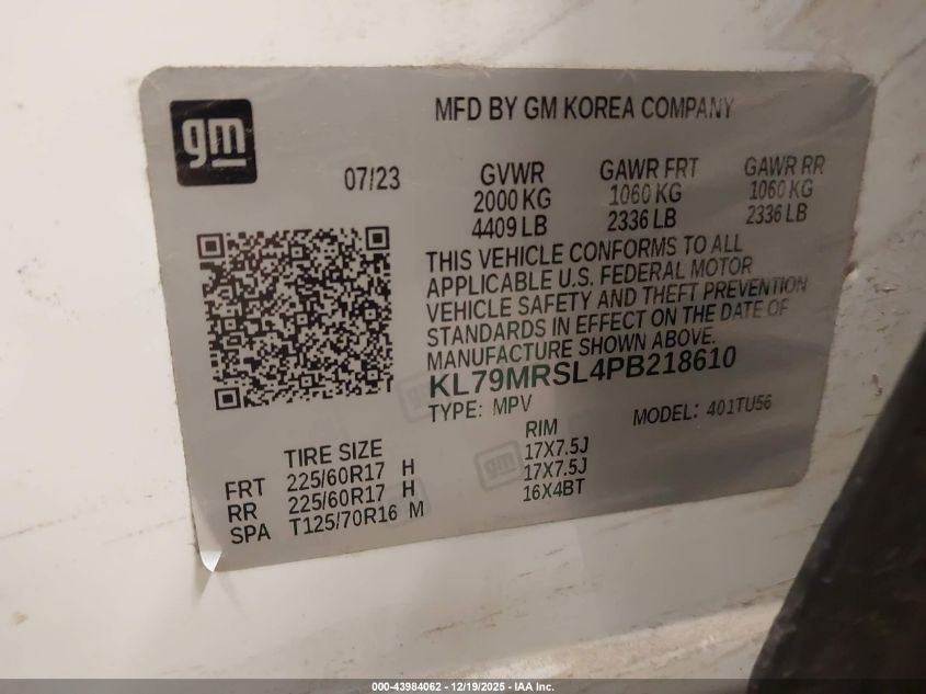 2023 Chevrolet Trailblazer Awd Lt VIN: KL79MRSL4PB218610 Lot: 43984062