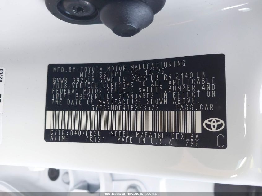 2026 Toyota Corolla Le VIN: 5YFB4MDE4TP373577 Lot: 43984063