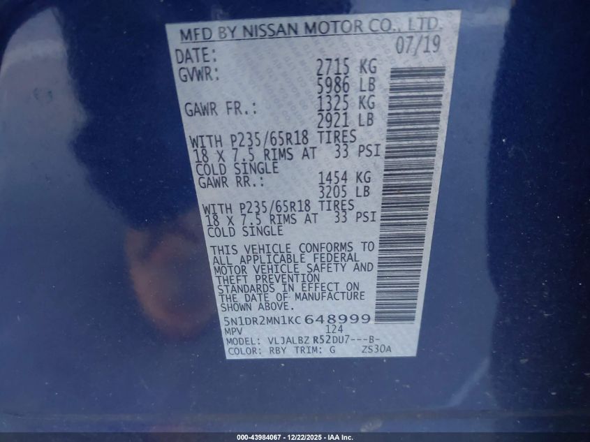 2019 Nissan Pathfinder S VIN: 5N1DR2MN1KC648999 Lot: 43984067