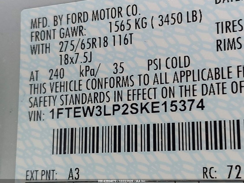 2025 Ford F-150 Xlt VIN: 1FTEW3LP2SKE15374 Lot: 43984070