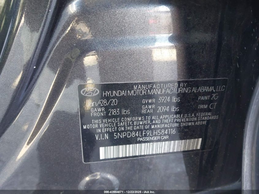 2020 Hyundai Elantra Sel VIN: 5NPD84LF9LH584116 Lot: 43984071