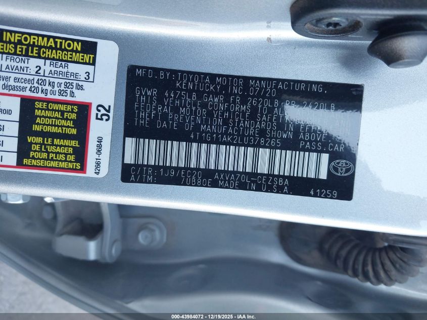 2020 Toyota Camry Se Nightshade VIN: 4T1G11AK2LU378265 Lot: 43984072