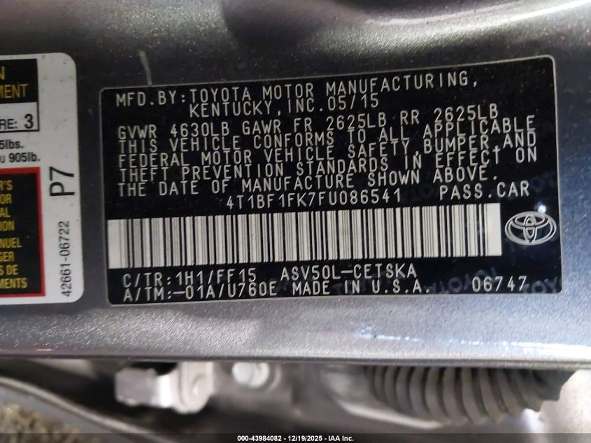 2015 Toyota Camry Se VIN: 4T1BF1FK7FU086541 Lot: 43984082