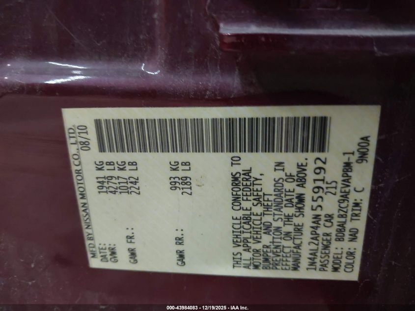2010 Nissan Altima 2.5 S VIN: 1N4AL2AP4AN559192 Lot: 43984083
