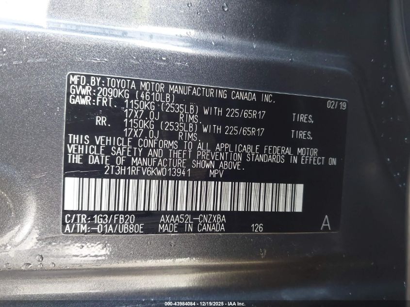 2019 Toyota Rav4 Le VIN: 2T3H1RFV6KW013941 Lot: 43984084